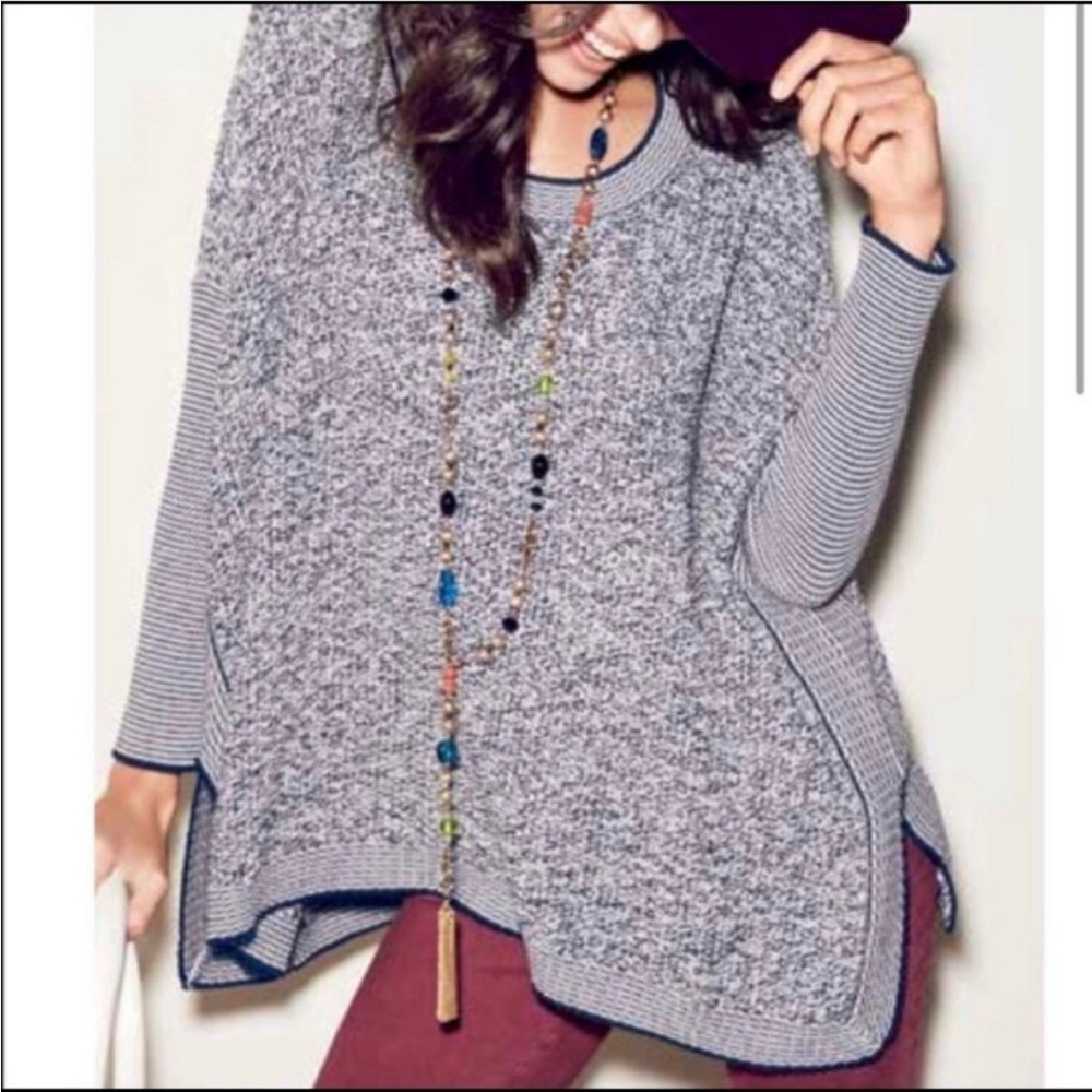 CABI Oversized Marled Knit Port-Of-Call Sweater Navy Blue & White Size S